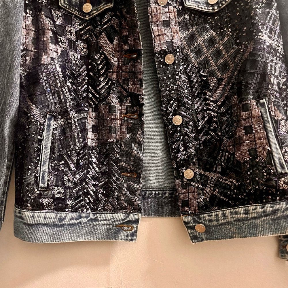 nwt ๐ denim moto jacket with abstract plaid sequins - Picture 10 of 16